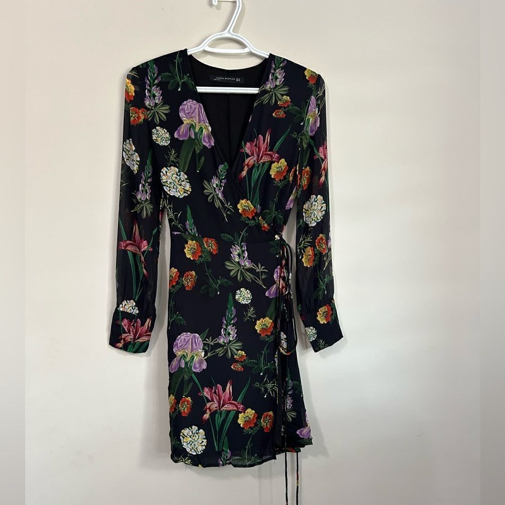 ZARA | Floral Print Long Sleeve Wrap Dress - Picture 2 of 11